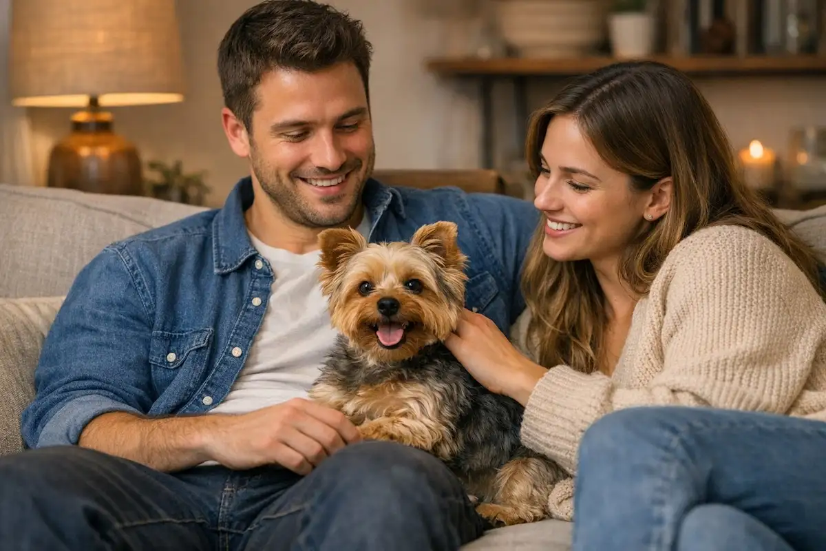 Happy couple relaxing on sofa with their well-behaved Yorkshire Terrier
