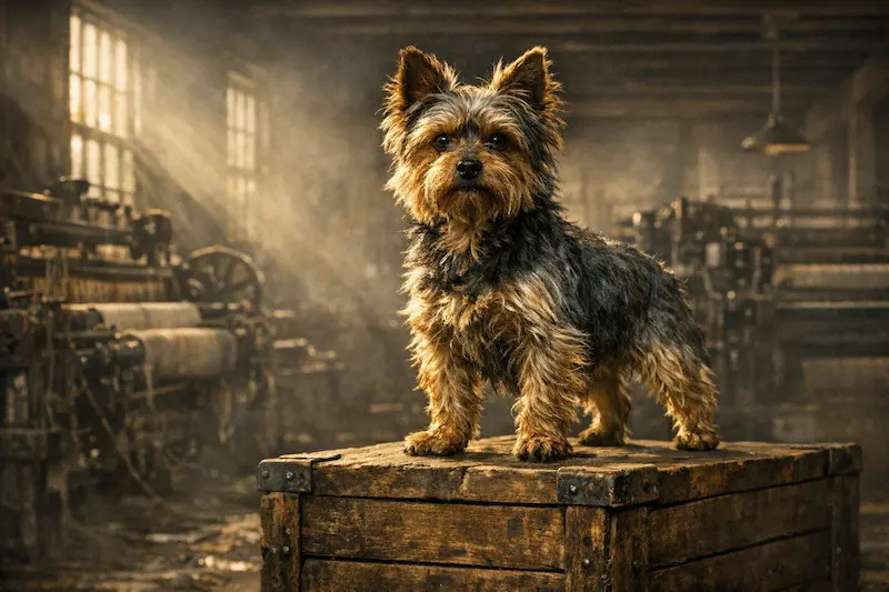 Historical depiction of a Yorkshire Terrier in a 19th century textile mill