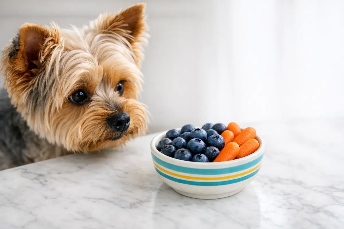 Yorkshire Terrier looking curiously at a bowl of fresh blueberries and carrots