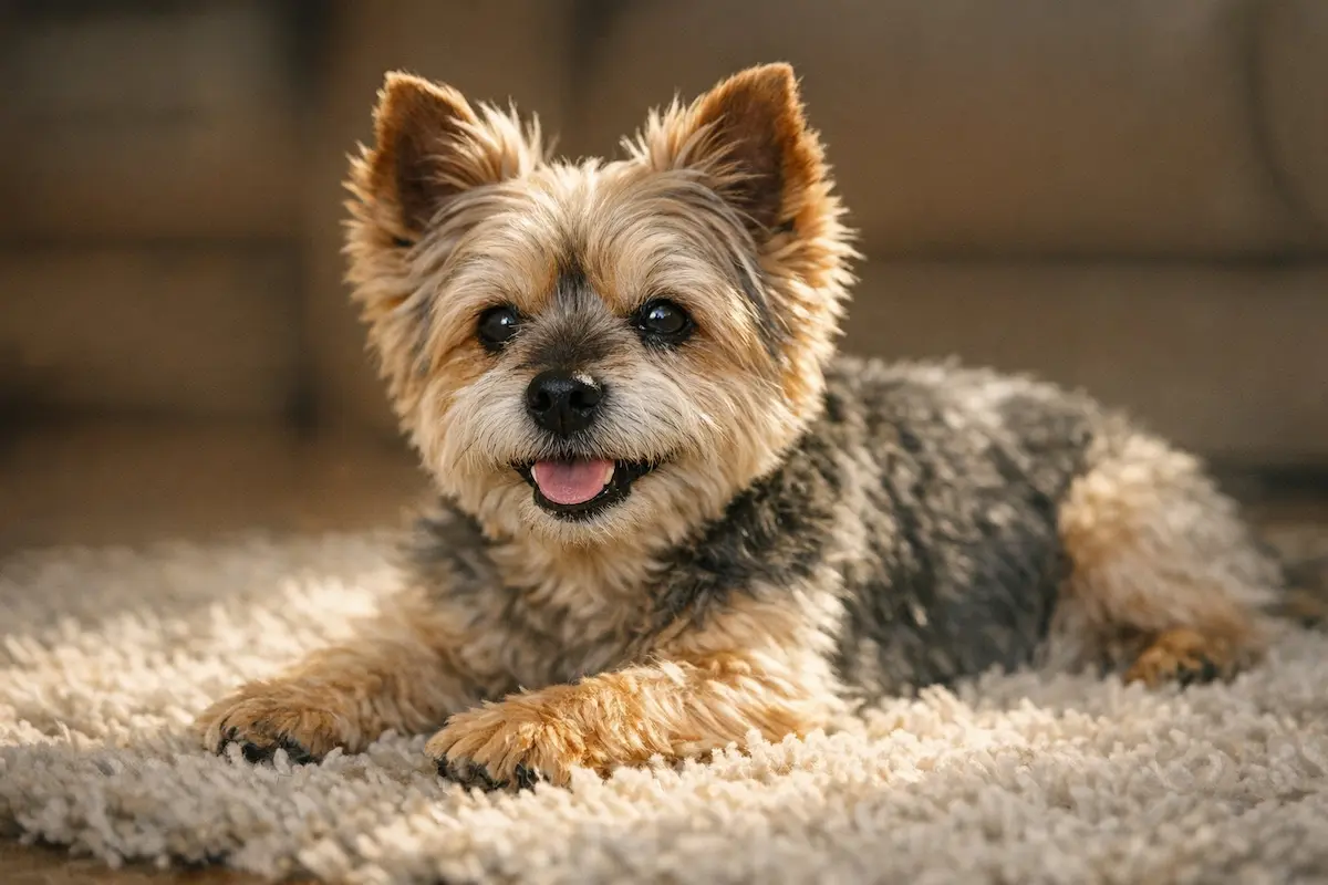 Senior Yorkshire Terrier resting comfortably in a sunbeam