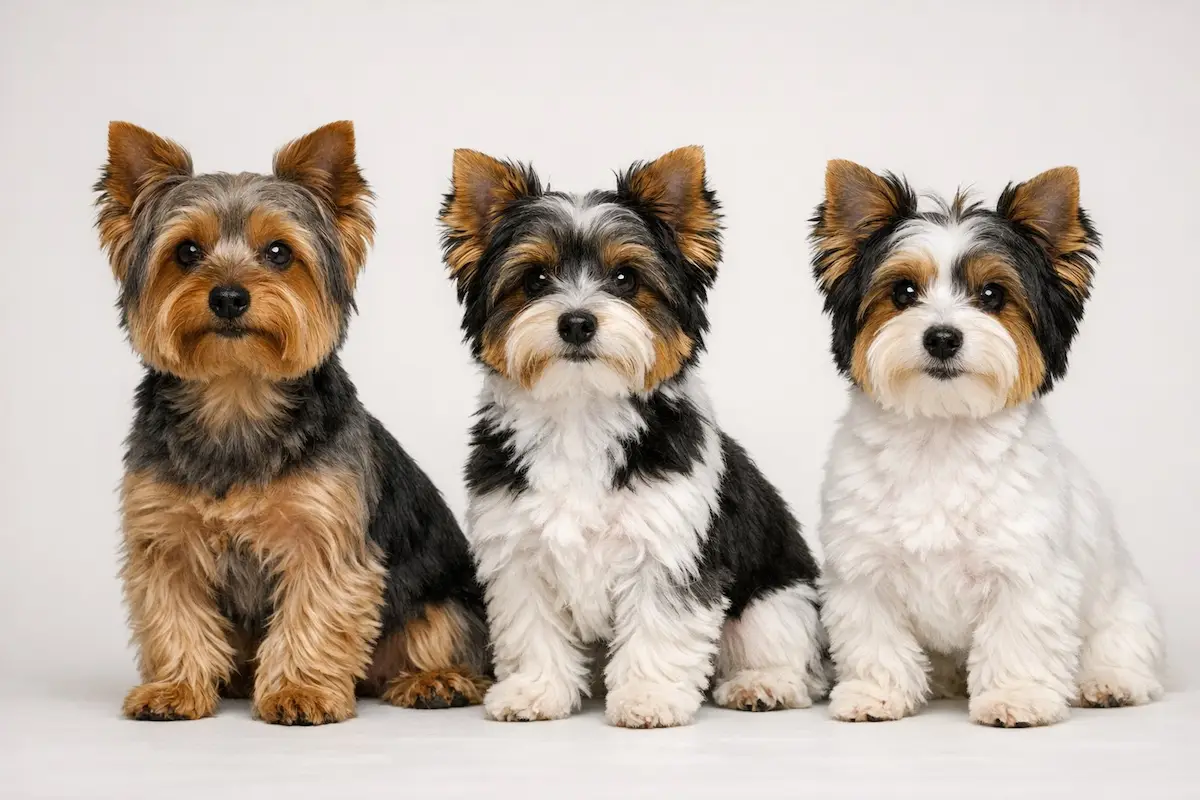 Lineup of Standard Yorkie, Parti Yorkie, and Biewer Terrier showing coat differences