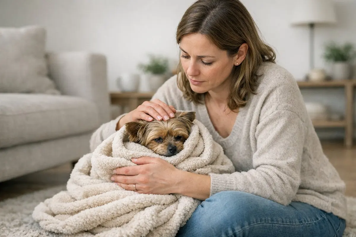 Concerned owner comforting a sick Yorkshire Terrier wrapped in a blanket