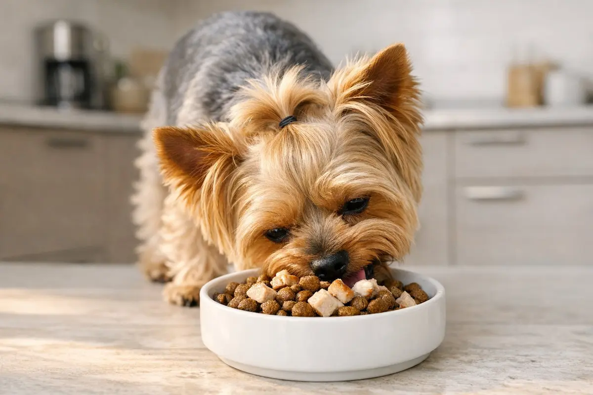 Yorkshire Terrier eating a healthy meal with fresh ingredients