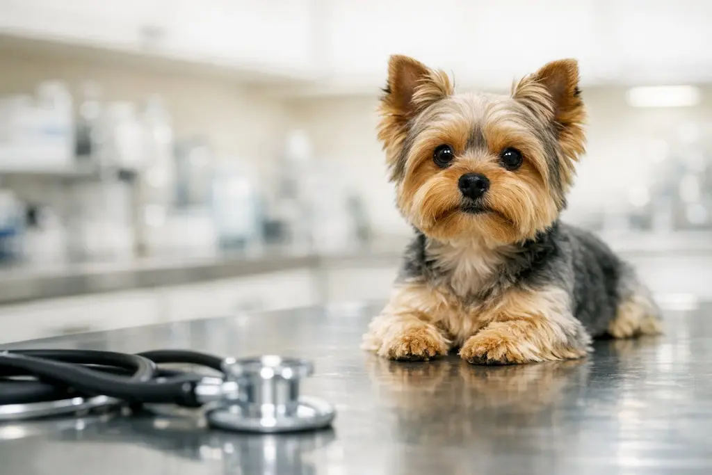 Yorkshire Terrier undergoing veterinary assessment for tracheal health