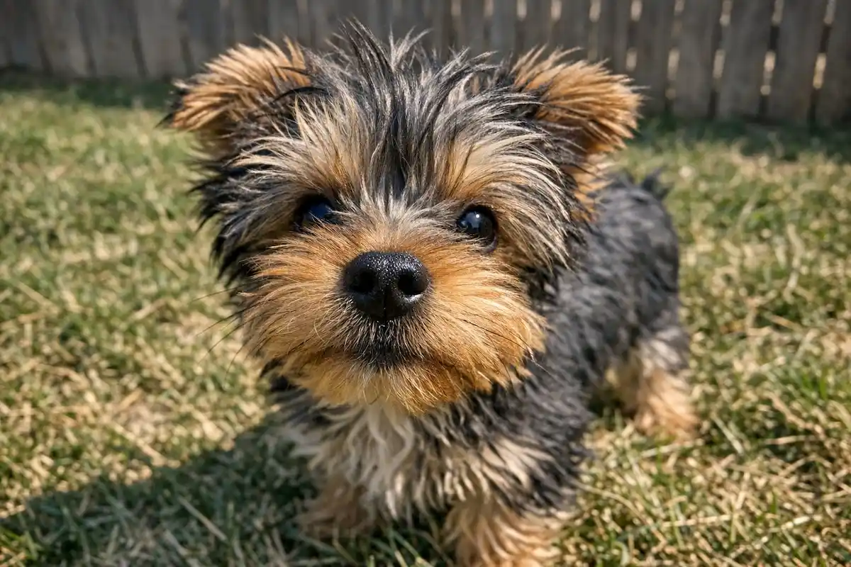 Yorkshire Terrier puppy standing in grass during outdoor potty training
